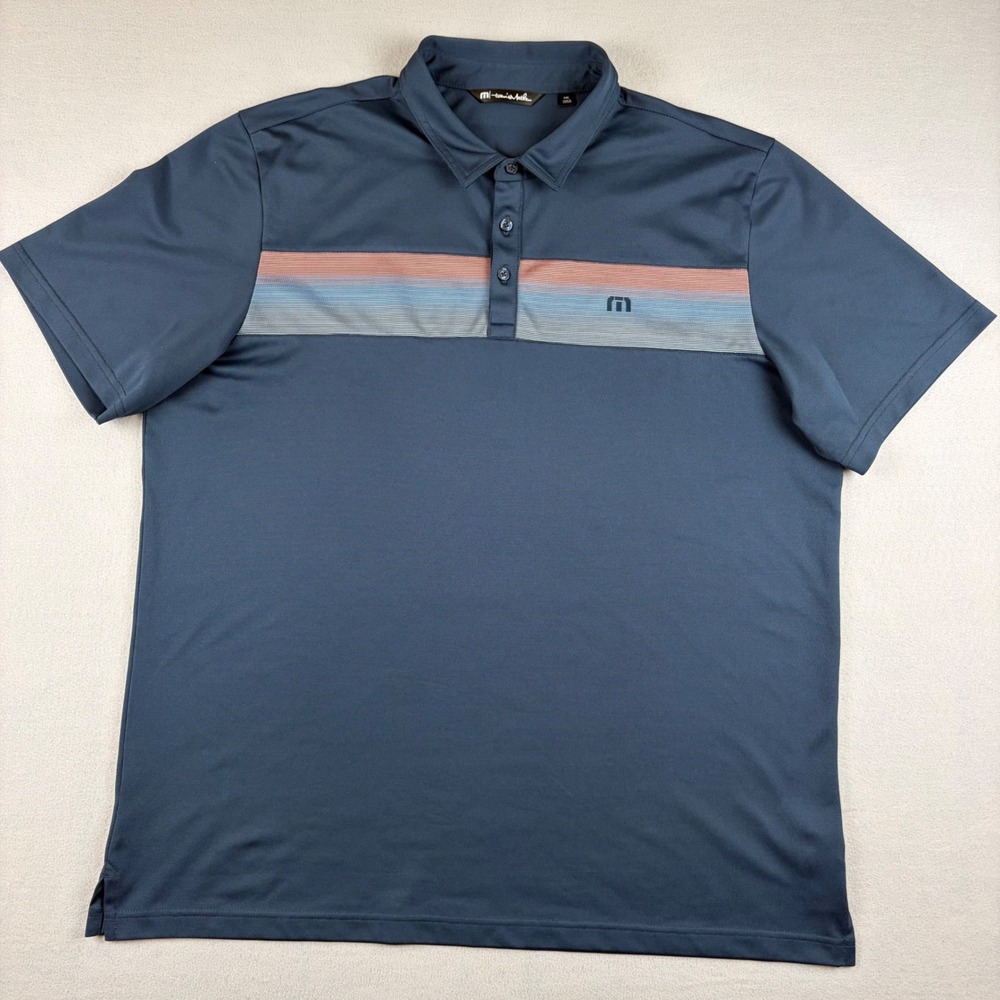 Travis Mathew Extra Aloe Mens Navy Blue Striped Golf Polo Shirt Size XXL